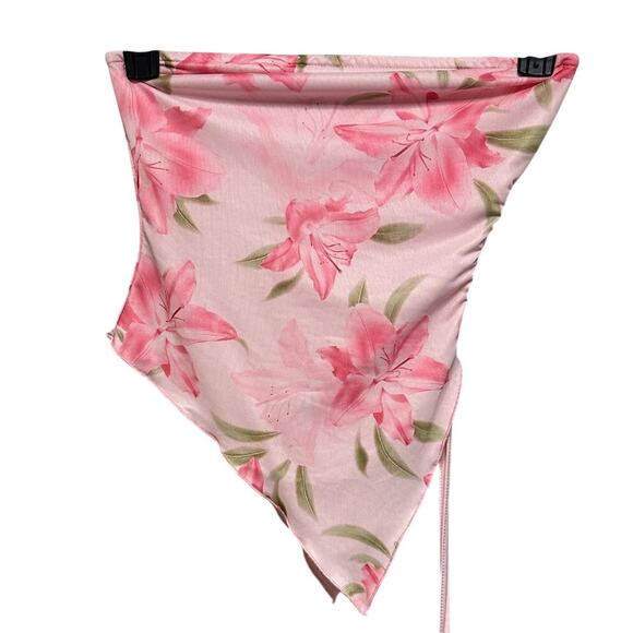 SHEIN Tops - Pink Floral Mesh Tube Top Womens Small Ruched Handkerchief Hem Strapless Y2K